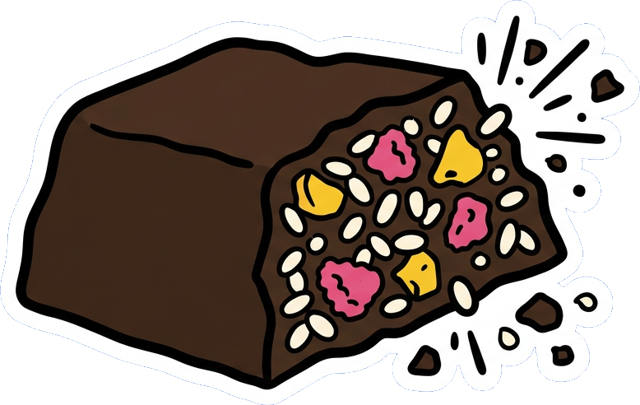 Sticker of a snapped chocolate bar showing rice crisps and fruit pieces inside